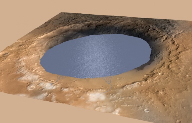 Una ricostruzione di come si sarebbe mostrato il cratere Gale circa 3,5 miliardi di anni fa.|NASA