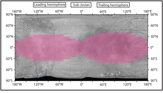 In rosa la distribuzione delle radiazioni sulla superficie di Europa. | Nasa
